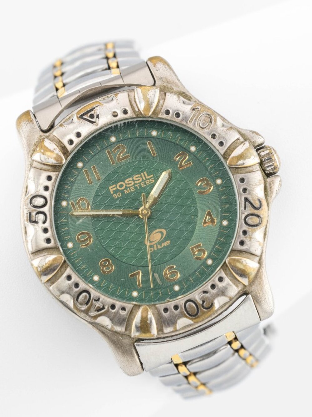 Fossil AM-3005 Men's Green Dial Two Tone Quartz Analog Watch Fresh Battery
